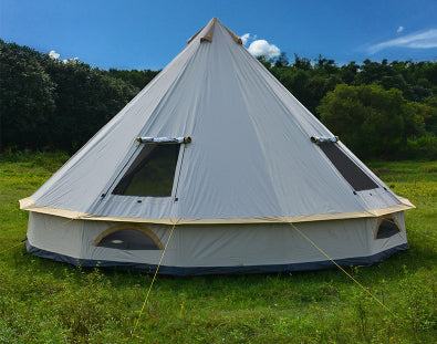 Tente de camping en yourte : spacieuse, design pyramidal, cheminée, protection solaire, pour les festivals