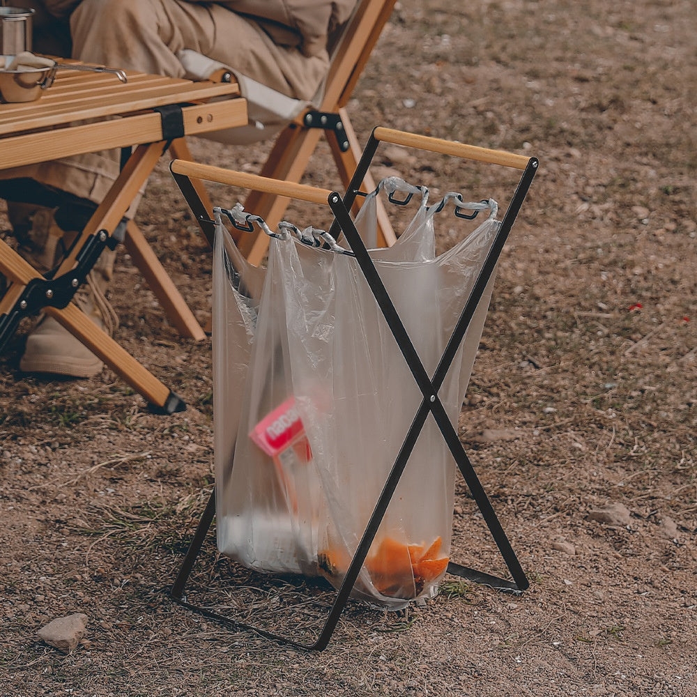 Wooden Handle Trash Bag Stand: Wrought Iron, Festival Campsite Essential