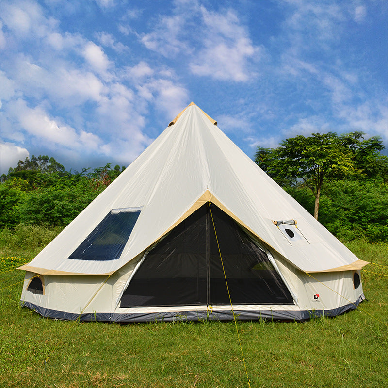 Tente de camping en yourte : spacieuse, design pyramidal, cheminée, protection solaire, pour les festivals